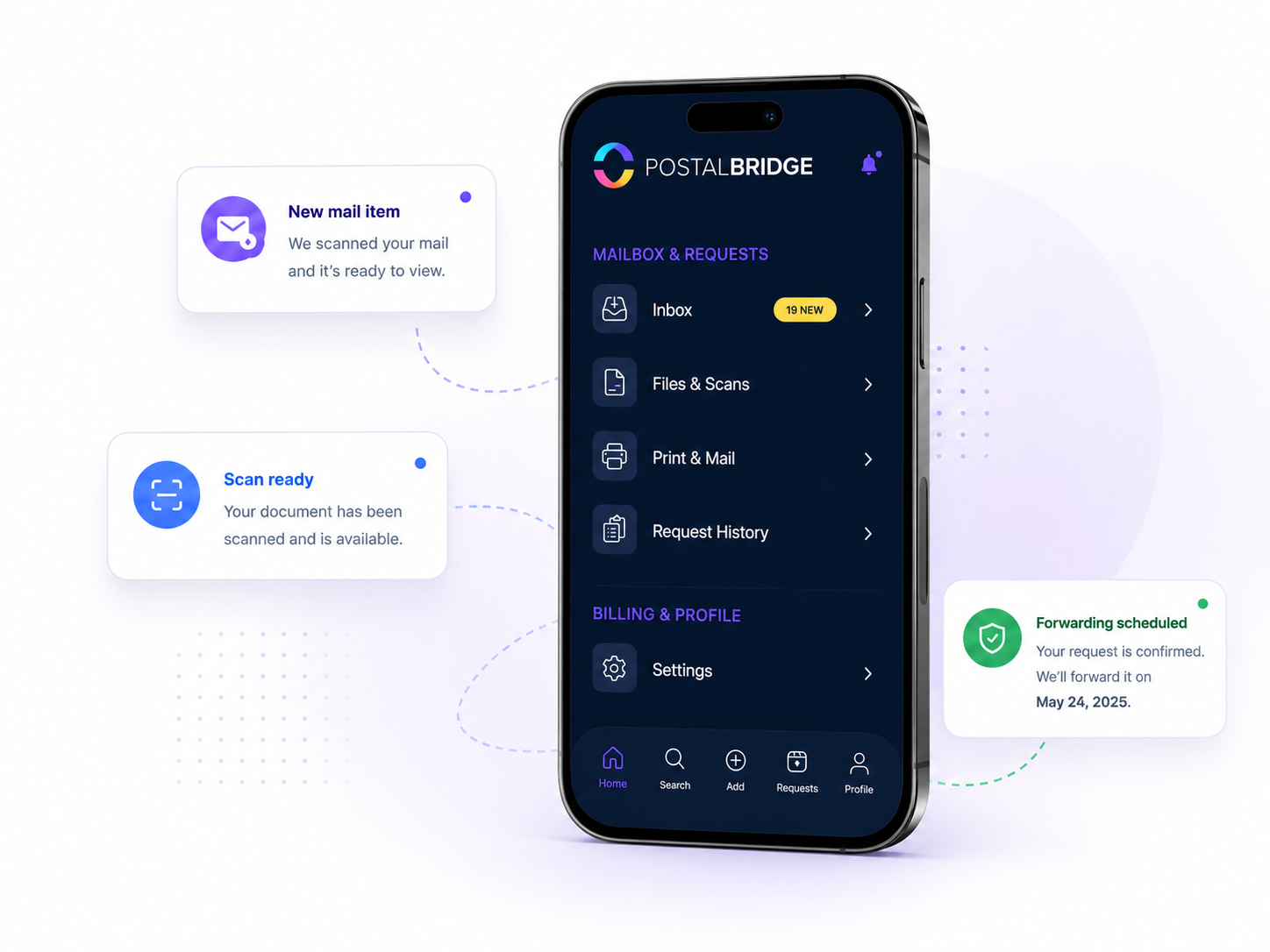 PostalBridge inbox preview with modern mail controls