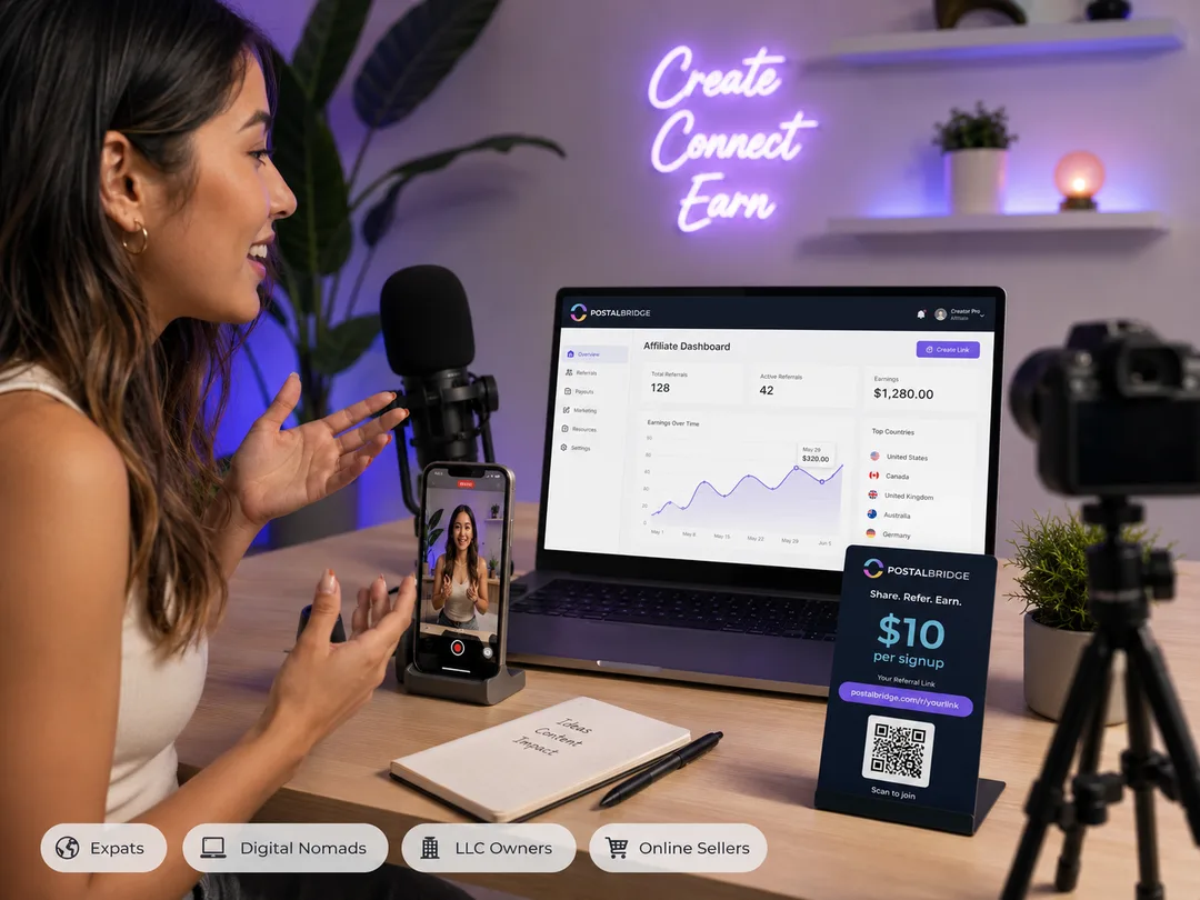 Content creator promoting PostalBridge with referral dashboard and video setup