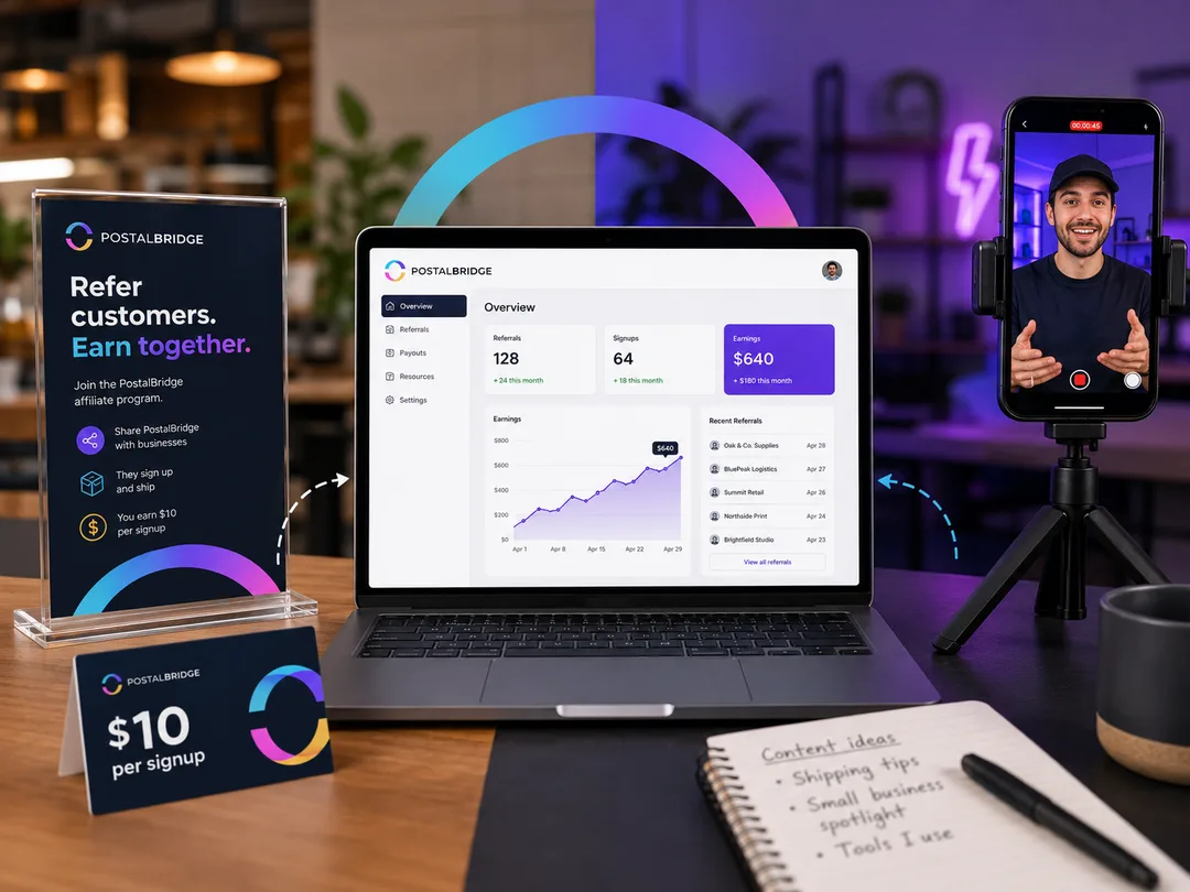 PostalBridge affiliate program dashboard with referral earnings and QR code
