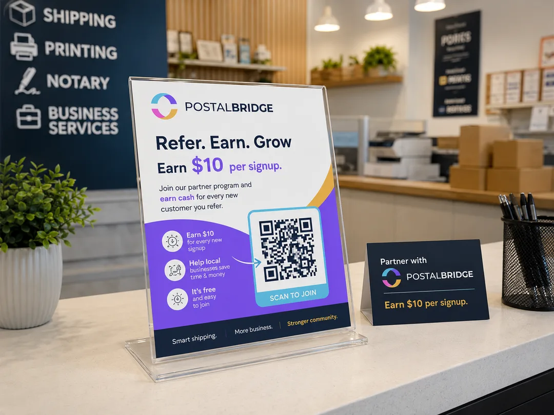 PostalBridge affiliate flyer displayed at a local business counter