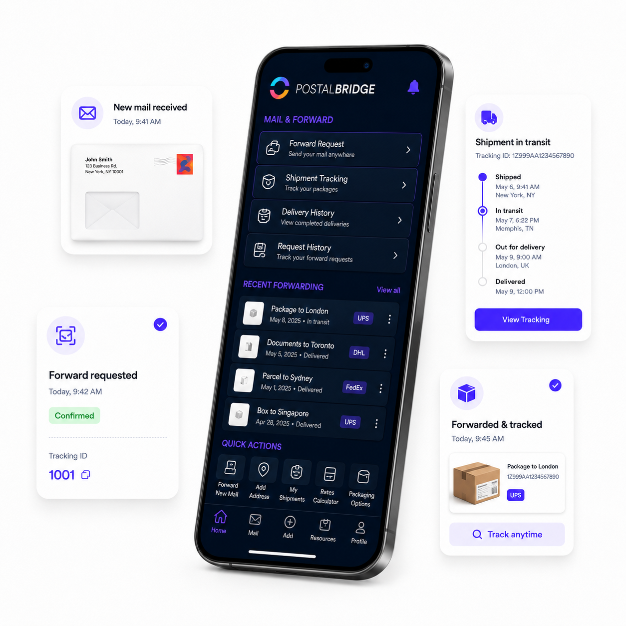 PostalBridge forwarding workflow and shipment tracking preview