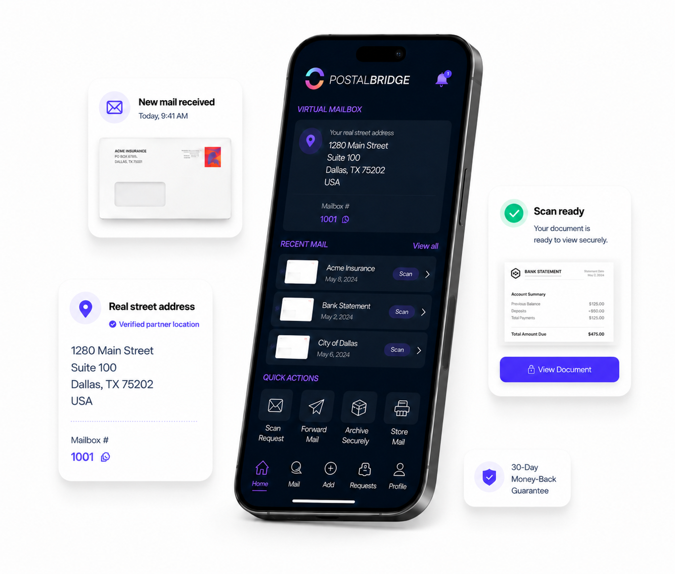 PostalBridge virtual mailbox dashboard preview