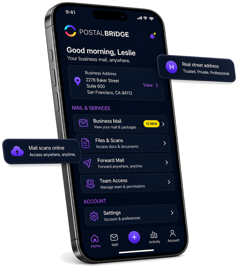 PostalBridge dashboard showing incoming mail, scan requests, and online mailbox controls
